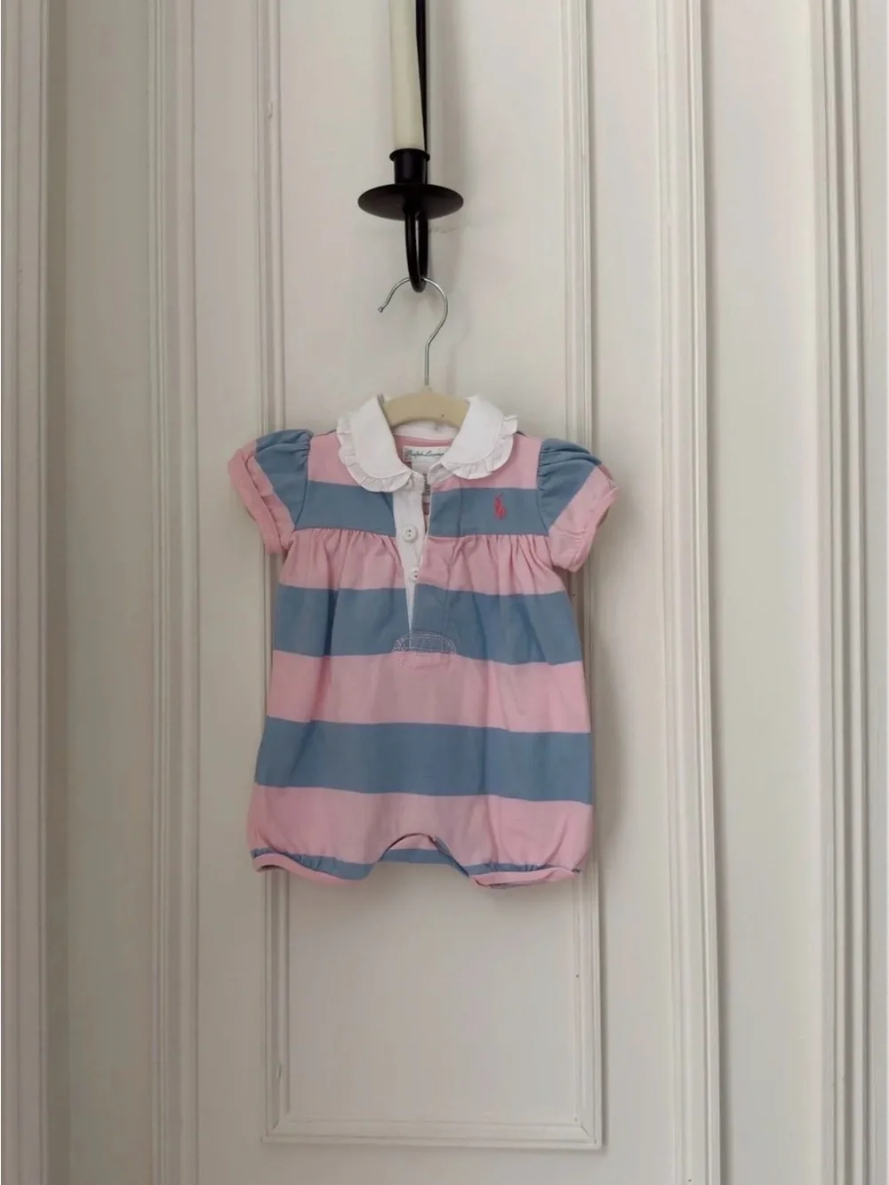 Ralph Lauren Pink & Blue Striped Baby Romper with White Collar